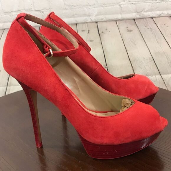 10 ZARA Red Suede Peep platform peep toe high heel  GUC - Picture 1 of 8